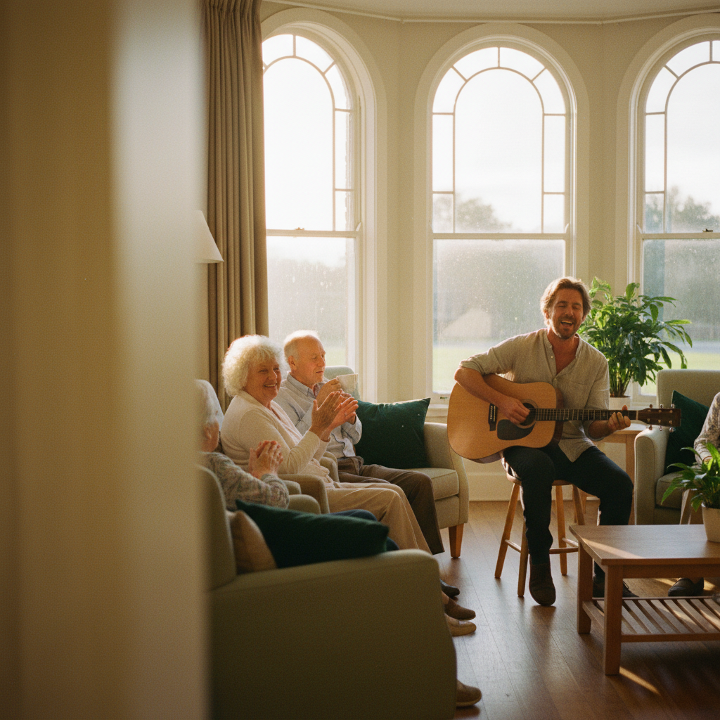 A guitarist performing for smiling residents in a sunlit aged care lounge